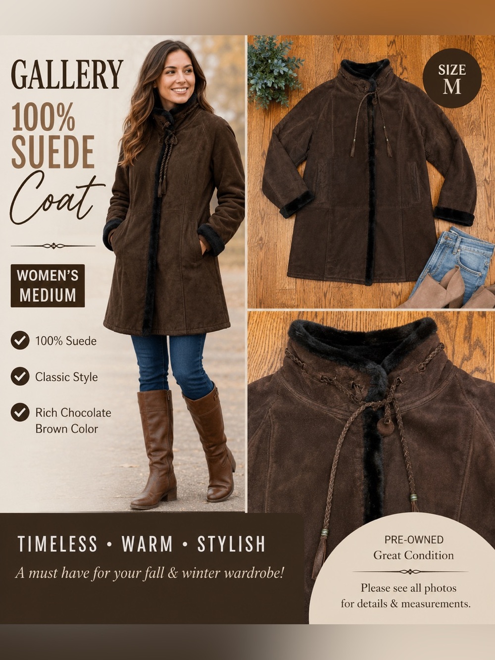 Gallery Women’s 100% Suede Coat Brown Black Plush Trim Size Medium